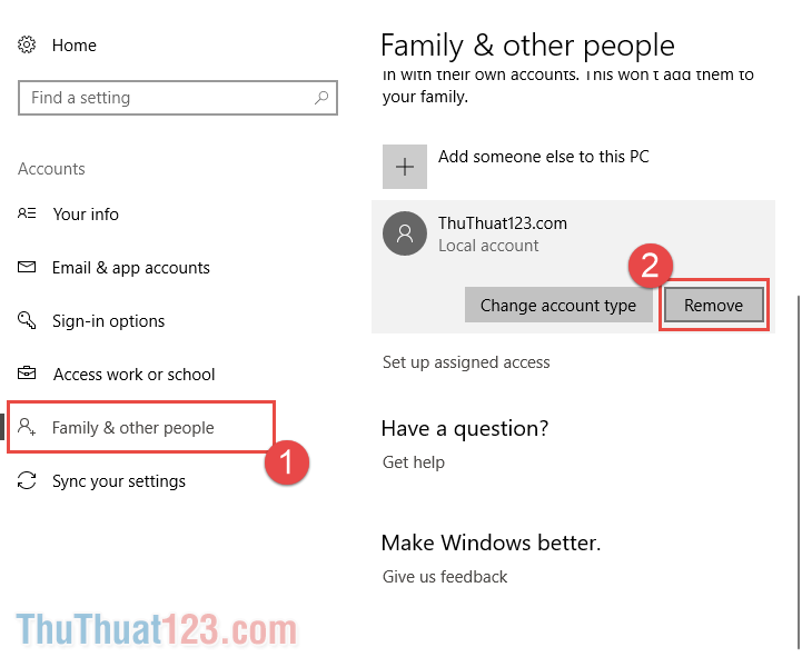 Click vào Remove trong Family & other people để xóa tài khoản người dùng