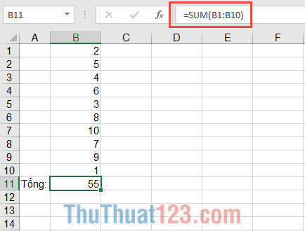 Sử dụng hàm SUM để tính tổng theo số liệu trong Excel