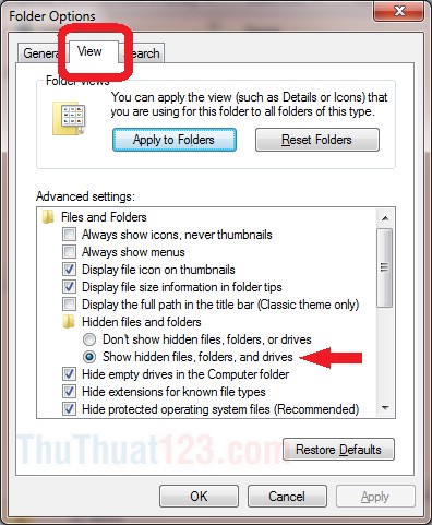 Hiển thị AppData - Show hidden files folders and drives