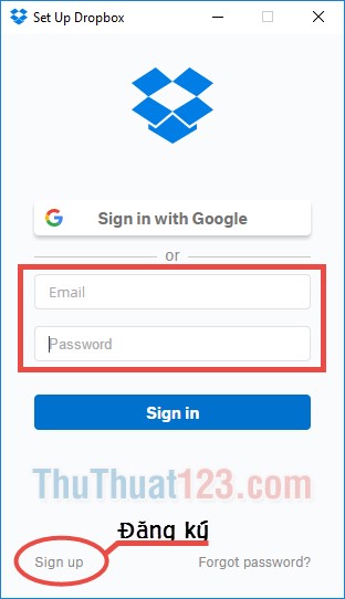 Đăng ký hoặc đăng nhập vào Dropbox