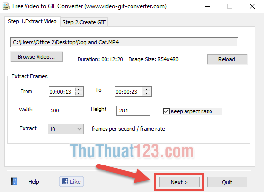 Click Next để Free Video to Gif Converter load video của bạn thành ảnh động