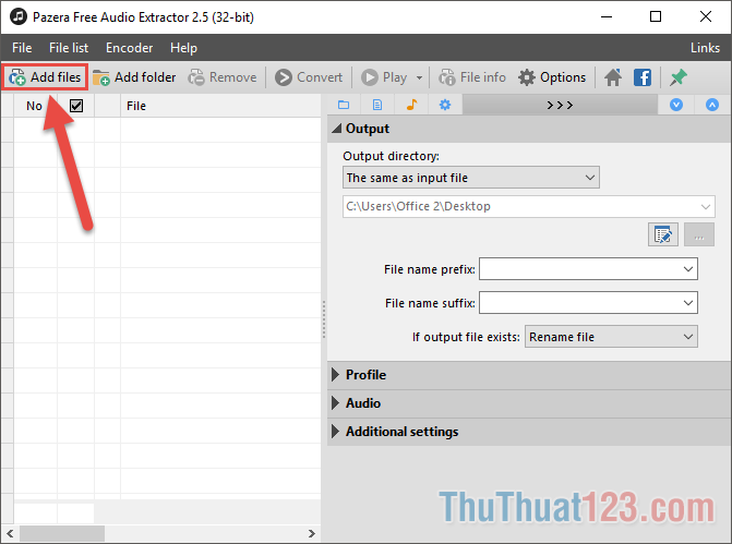 Add files để thêm video vào phần mềm Pazera Free Audio Extractor