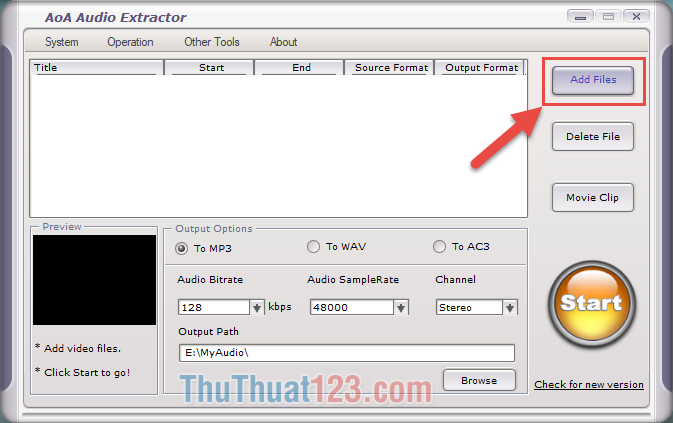 Click vào Add files để thêm video vào AoA Audio Extractor