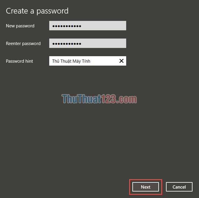 Điền mật khẩu cho tài khoản người dùng