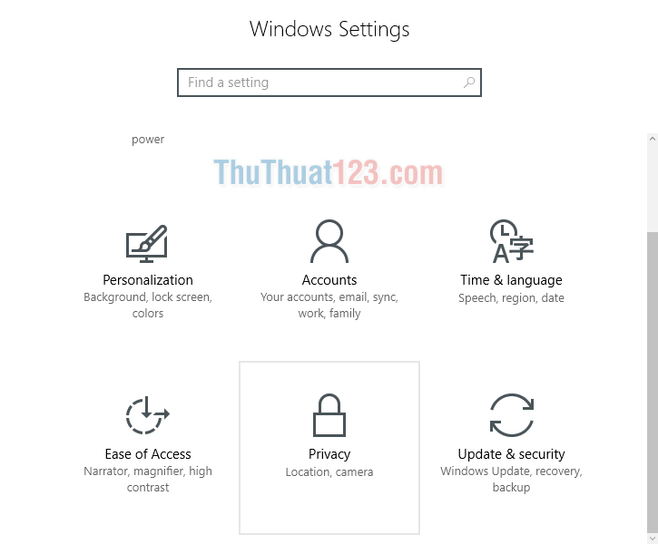 Mở Privacy trong Windows Settings