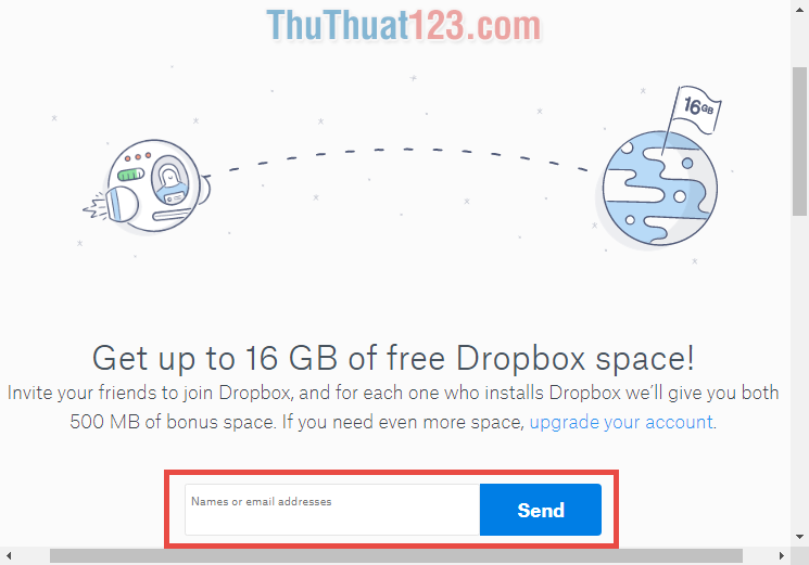 Gửi lời mời cho bạn bè sử dụng Dropbox