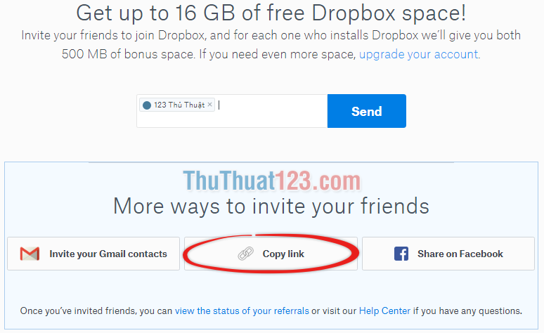 Copy đường link để mời mọi người dùng Dropbox