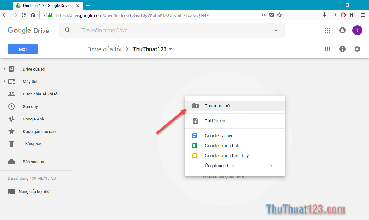 buoc 3 tạo một thư mục trong Google Driver