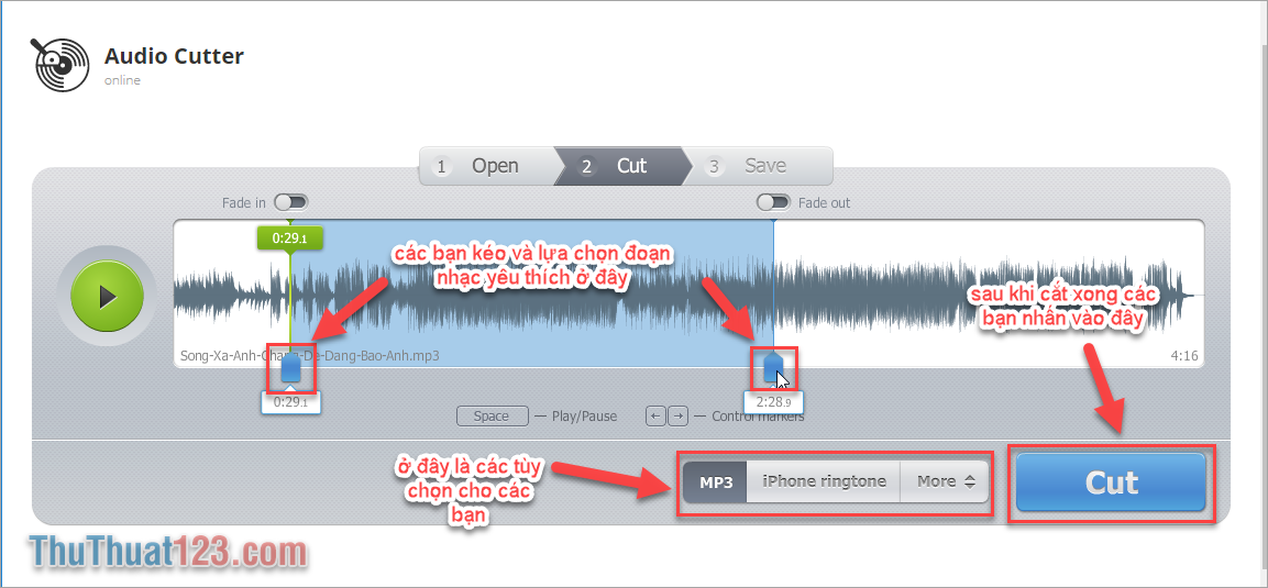 Bước 2 Sau khi mở bài hát mà các bạn yêu thích Mp3cut net sẽ chuyển các bạn qua giao diện Cut