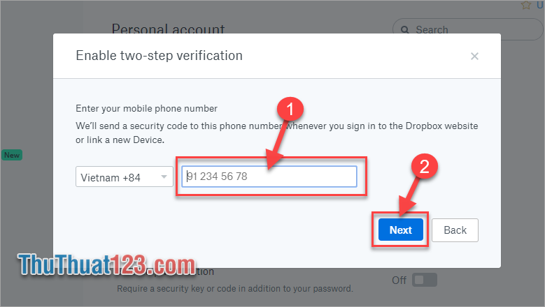 Bước 6 Các bạn nhập số điện thoại mà các bạn lựa chọn để nhận mã xác nhận bảo mật và nhấn Next