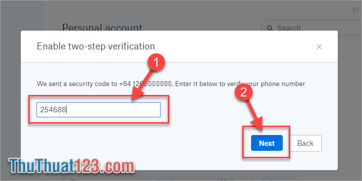 Bước 7 Dropbox sẽ gửi một mã xác nhận vào số điện thoại các bạn vừa nhập
