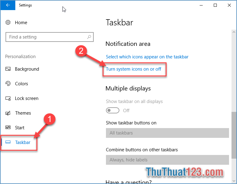 Sau đó trong giao diện Personalization các bạn chọn Tab Taskbar và kéo tìm mục Turn system icons on or off