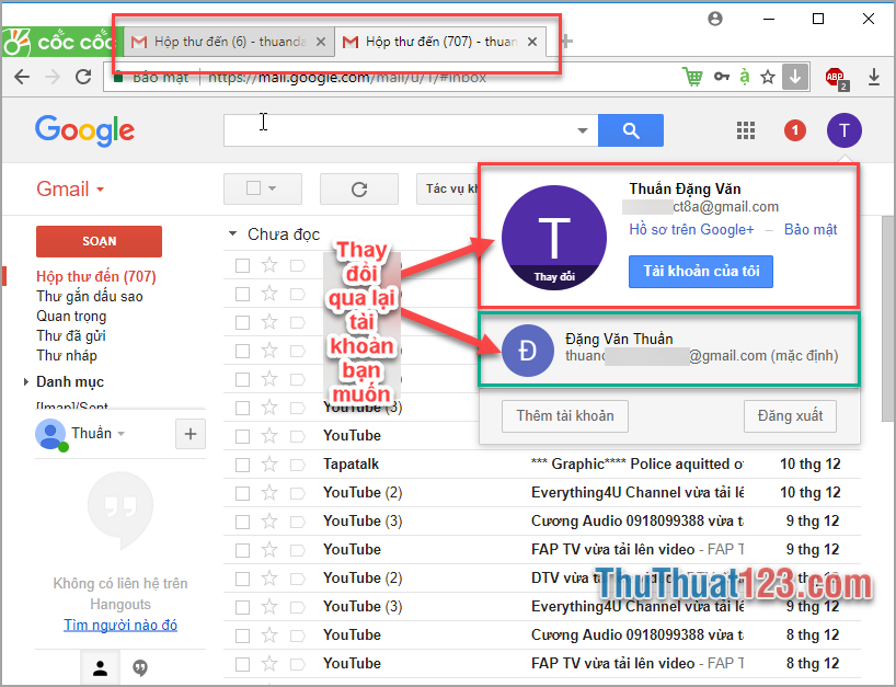 Sau khi đăng nhập xong bây giờ các bạn sẽ thấy mỗi tài khoản Gmail của các bạn đã được sử dụng song song trên 1 tab khác nhau