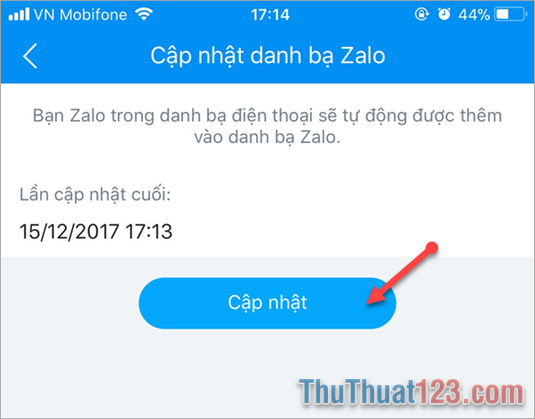 Bước 2 Ở giao diện này các bạn nhấn vào Cập nhật để bắt đầu đồng bộ danh bạ lên Zalo