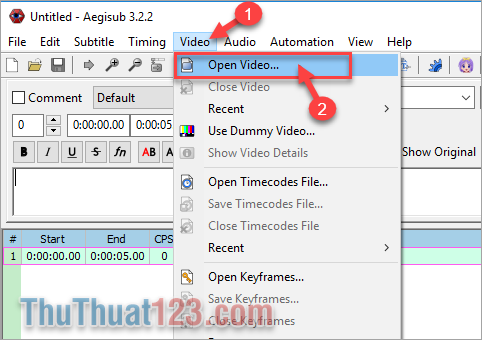 Bước 2 Trên thanh công cụ của Aegisub các bạn chọn tab Video và chọn Open Video