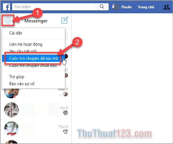 Bước 2 Tiếp theo ở giao diện tất cả tin nhắn trên Messenger các bạn nhấn vào biểu tượng bánh răng trên góc trái của Facebook và chọn Cuộc trò chuyện đã lưu trữ