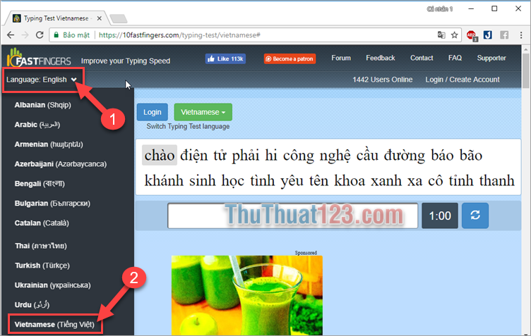 Để hiển thị ngôn ngữ Tiếng Việt các bạn có thể nhấn vào nút Language trên góc trái màn hình và chọn ngôn ngữ Vietnamese