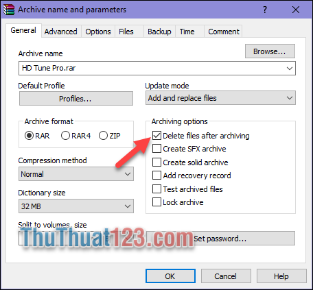 chọn delete files after archiving